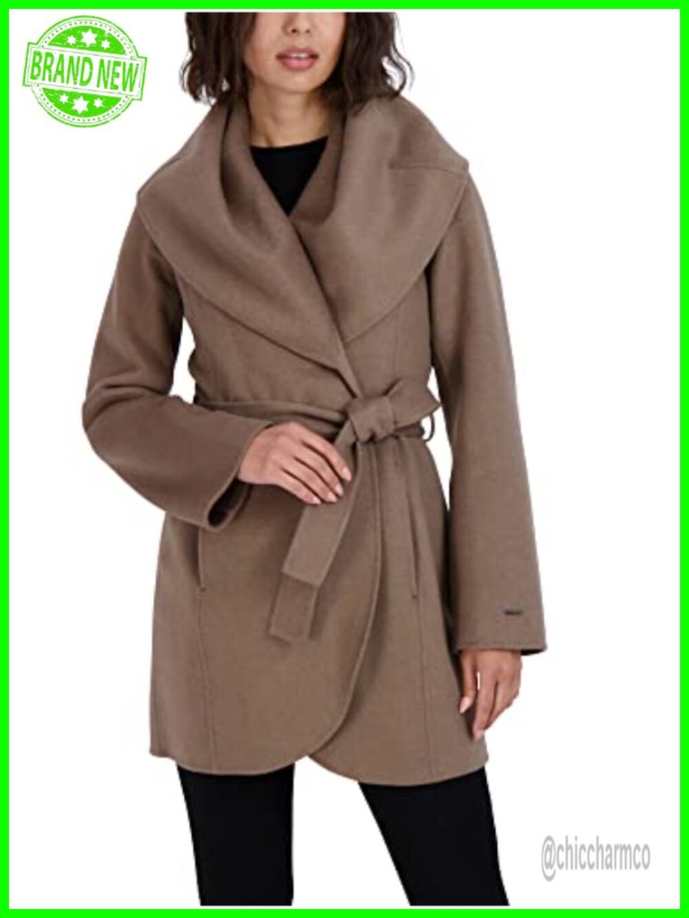Wool Blend Peacoat Removable Belt Oversized Collar Wrap Coat